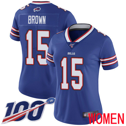 Women Buffalo Bills 15 John Brown Royal Blue Team Color Vapor Untouchable Limited Player 100th Season NFL Jersey
